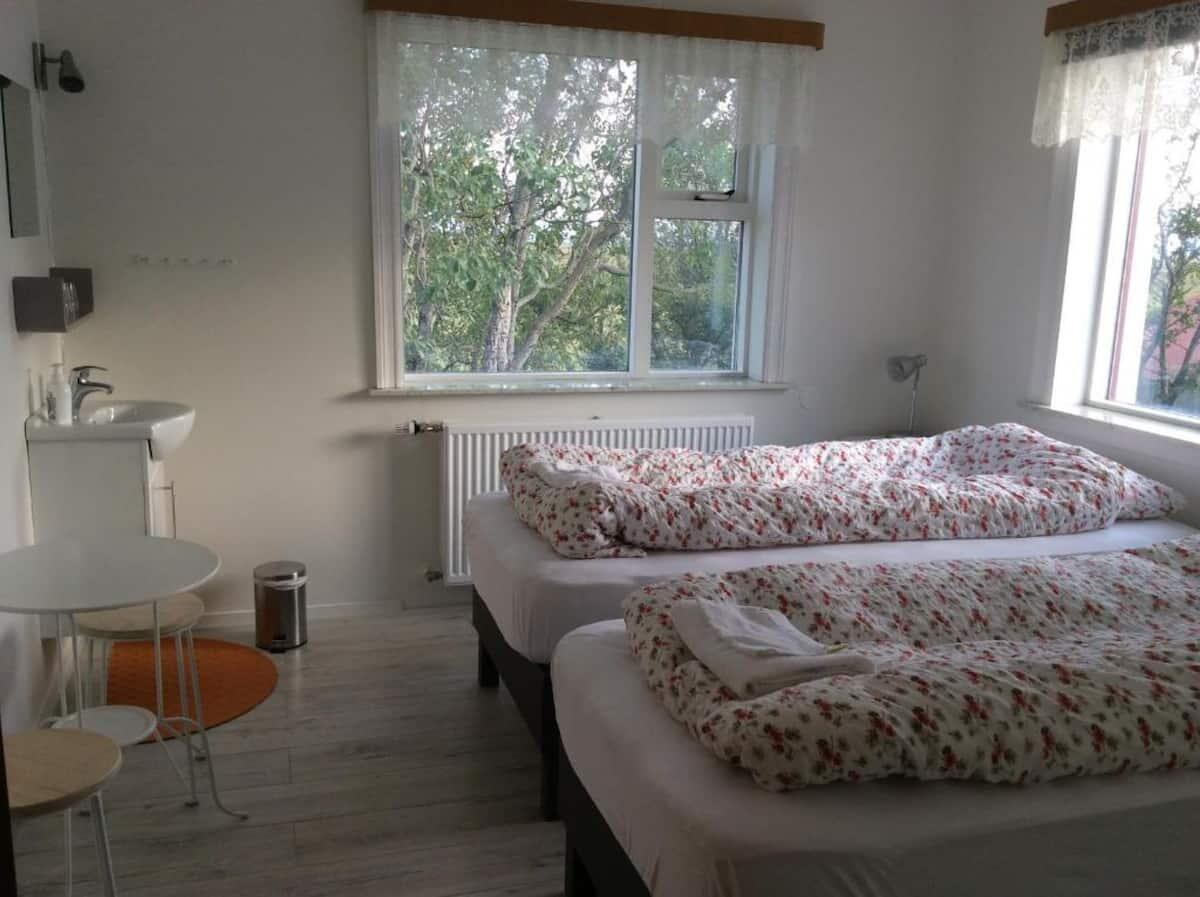 Guest room with single beds and washbasin