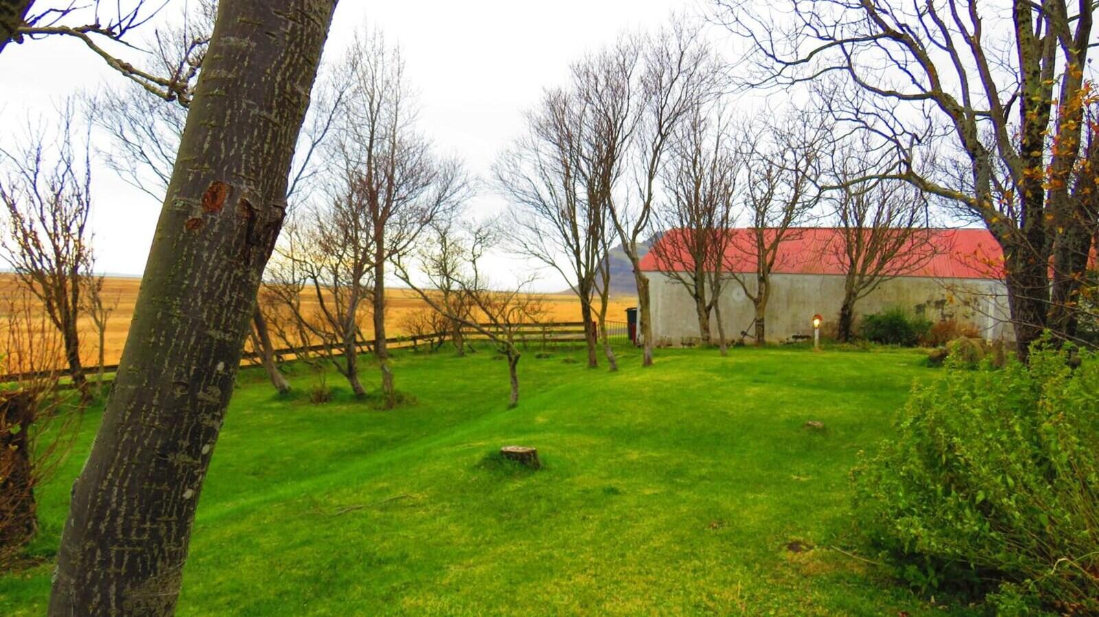 The garden and red-roofed buildings